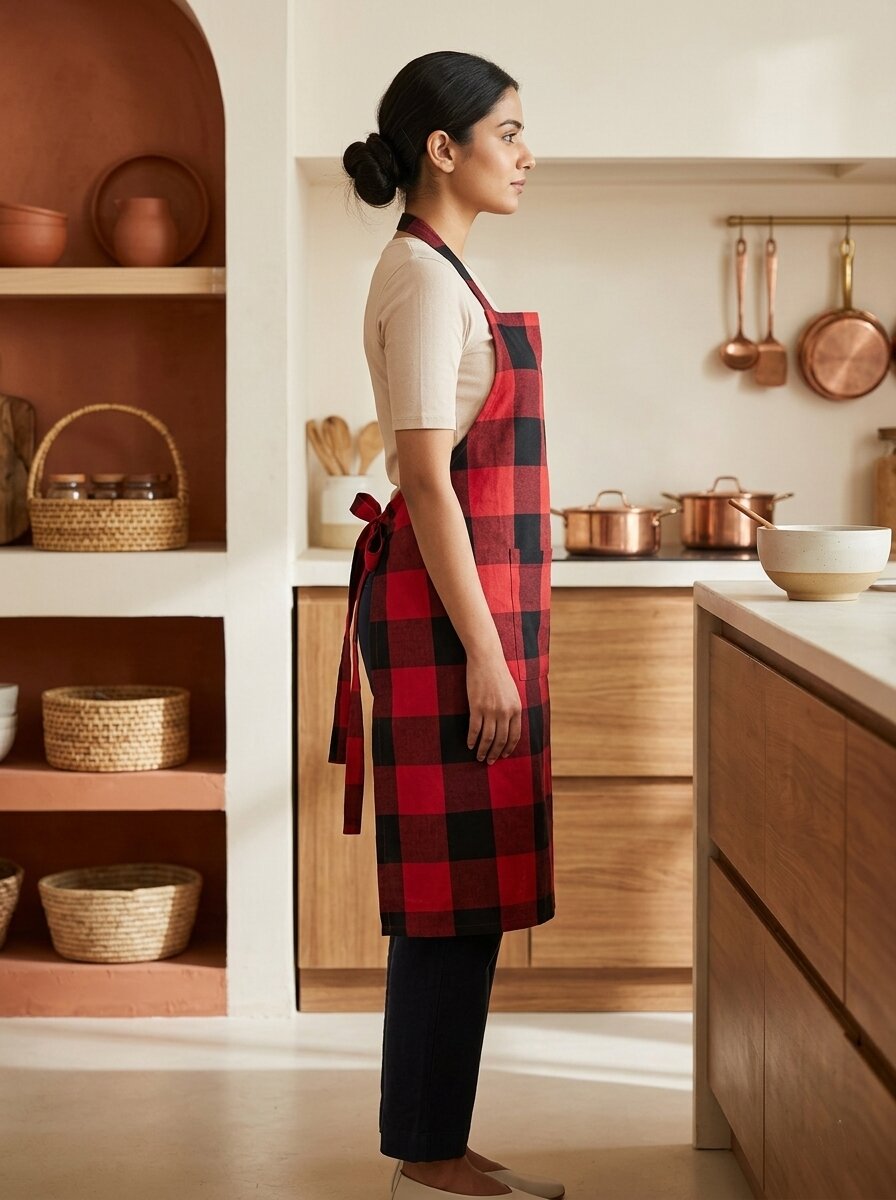 Unisex Cotton Checkered Kitchen Apron with Adjustable Neck Strap & Front Pocket | Free Size | Soft Breathable Cooking Apron