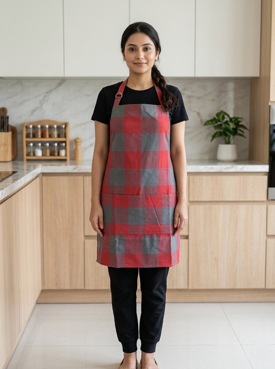 Unisex Cotton Kitchen Apron for Men & Women | Free Size | Adjustable Neckline with Adjuster | Soft Breathable Fabric | Parted Front Pocket | Back Straps for Adjustable Fit | Red Grey Checkered Apron