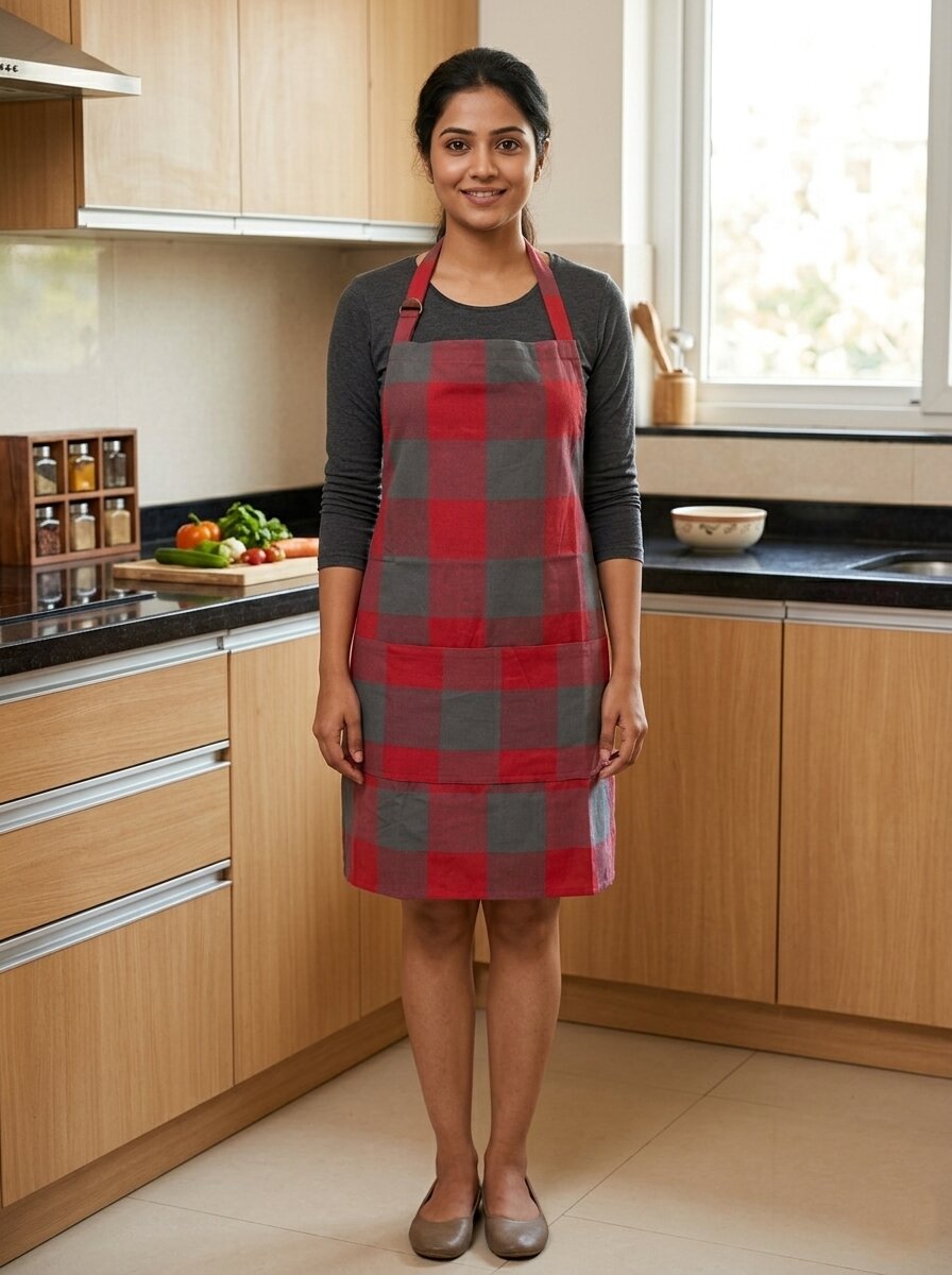 Unisex Cotton Kitchen Apron for Men & Women | Free Size | Adjustable Neckline with Adjuster | Soft Breathable Fabric | Parted Front Pocket | Back Straps for Adjustable Fit | Red Grey Checkered Apron