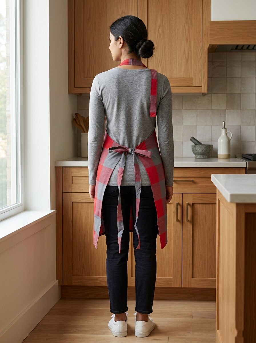 Unisex Cotton Kitchen Apron for Men & Women | Free Size | Adjustable Neckline with Adjuster | Soft Breathable Fabric | Parted Front Pocket | Back Straps for Adjustable Fit | Red Grey Checkered Apron