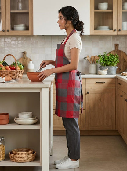 Unisex Cotton Kitchen Apron for Men & Women | Free Size | Adjustable Neckline with Adjuster | Soft Breathable Fabric | Parted Front Pocket | Back Straps for Adjustable Fit | Red Grey Checkered Apron