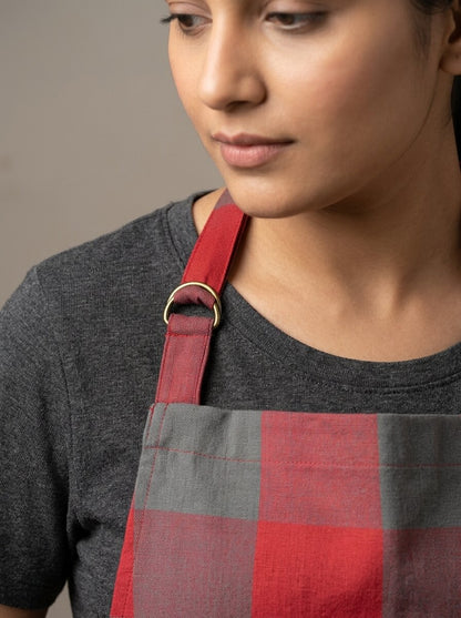Unisex Cotton Kitchen Apron for Men & Women | Free Size | Adjustable Neckline with Adjuster | Soft Breathable Fabric | Parted Front Pocket | Back Straps for Adjustable Fit | Red Grey Checkered Apron