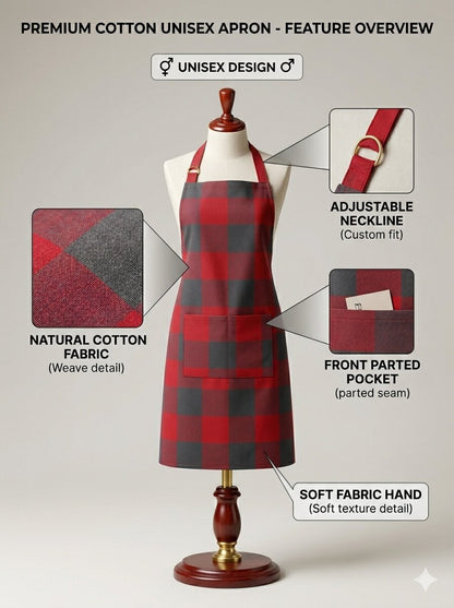 Unisex Cotton Kitchen Apron for Men & Women | Free Size | Adjustable Neckline with Adjuster | Soft Breathable Fabric | Parted Front Pocket | Back Straps for Adjustable Fit | Red Grey Checkered Apron