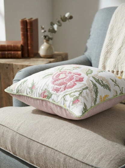 Floral Cross Stitch Embroidered Throw Pillow Cover 18 x 18 Inch - Pack of 1