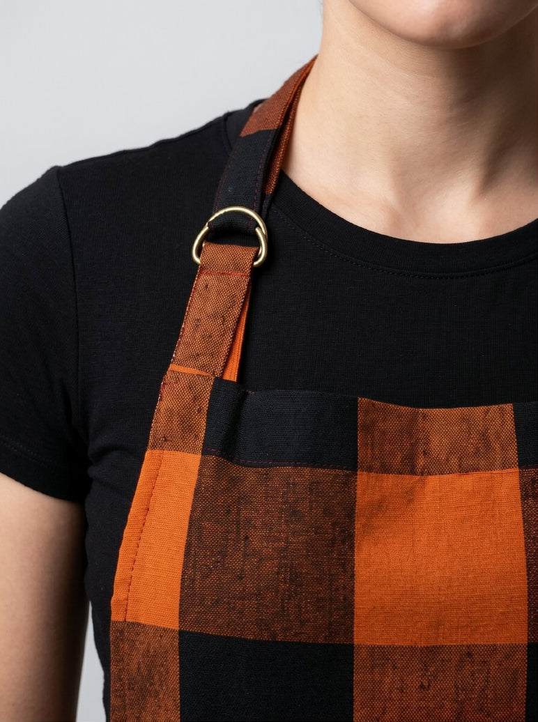Premium Cotton Buffalo Check Kitchen Apron – Orange & Black Plaid Cooking Apron with Front Pocket
