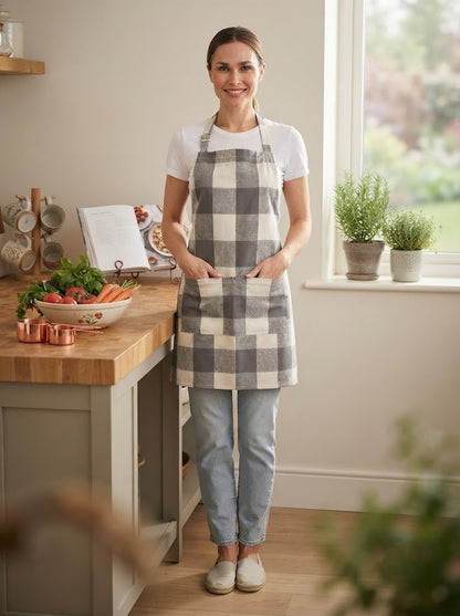 Premium Cotton Checkered Kitchen Apron with Pockets – Grey