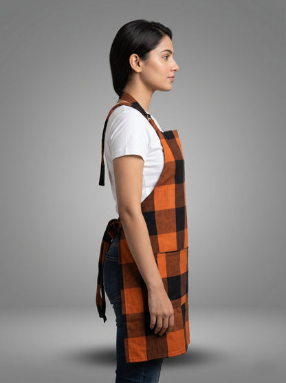 Premium Cotton Buffalo Check Kitchen Apron – Orange & Black Plaid Cooking Apron with Front Pocket