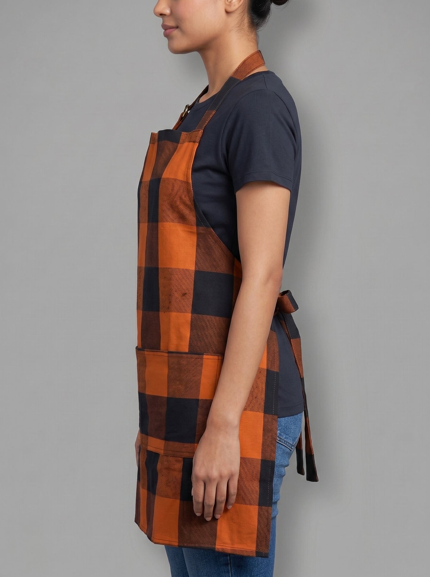 Premium Cotton Buffalo Check Kitchen Apron – Orange & Black Plaid Cooking Apron with Front Pocket