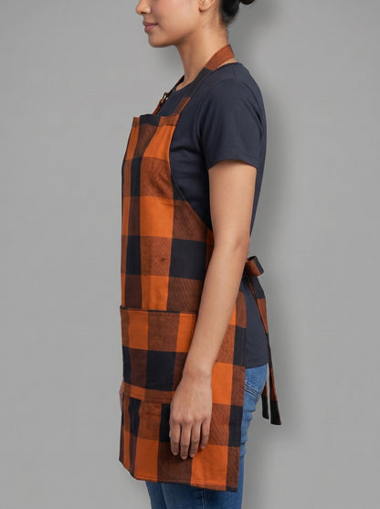 Premium Cotton Buffalo Check Kitchen Apron – Orange & Black Plaid Cooking Apron with Front Pocket