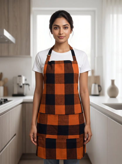 Premium Cotton Buffalo Check Kitchen Apron – Orange & Black Plaid Cooking Apron with Front Pocket