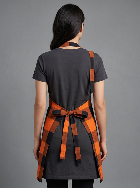 Premium Cotton Buffalo Check Kitchen Apron – Orange & Black Plaid Cooking Apron with Front Pocket