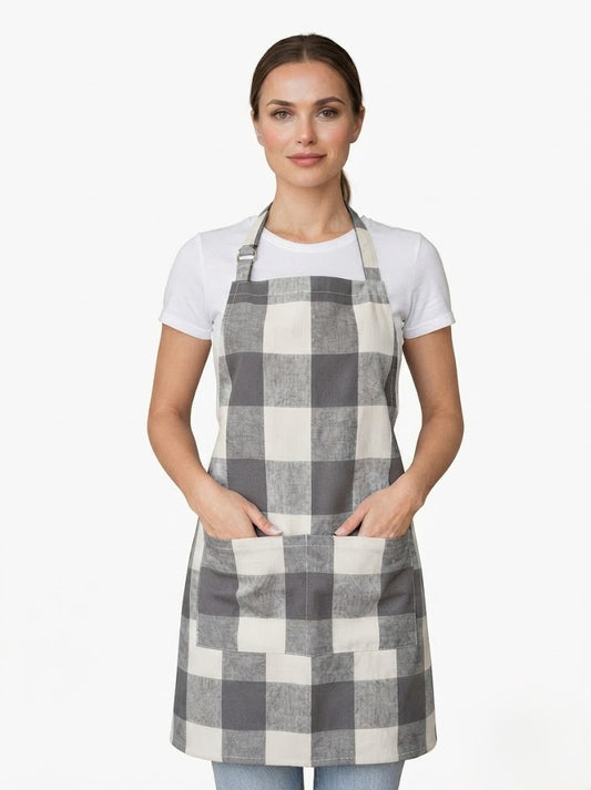 Premium Cotton Checkered Kitchen Apron with Pockets – Grey