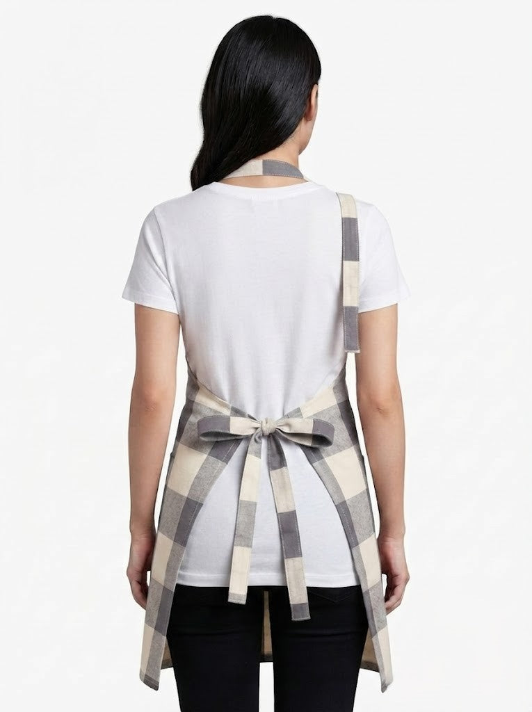 Premium Cotton Checkered Kitchen Apron with Pockets – Grey