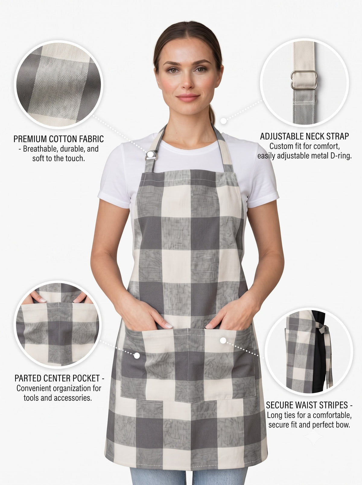 Premium Cotton Checkered Kitchen Apron with Pockets – Grey