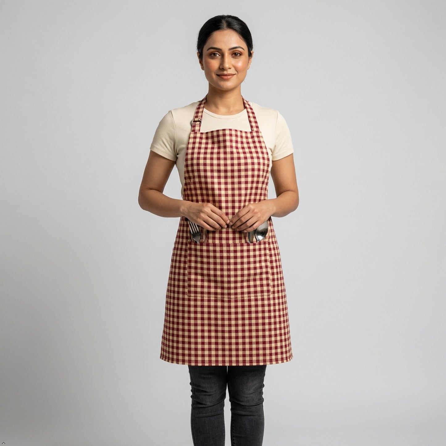Premium Cotton Checkered Kitchen Apron with Pockets – Adjustable, Durable Cooking & Baking Apron for Men & Women