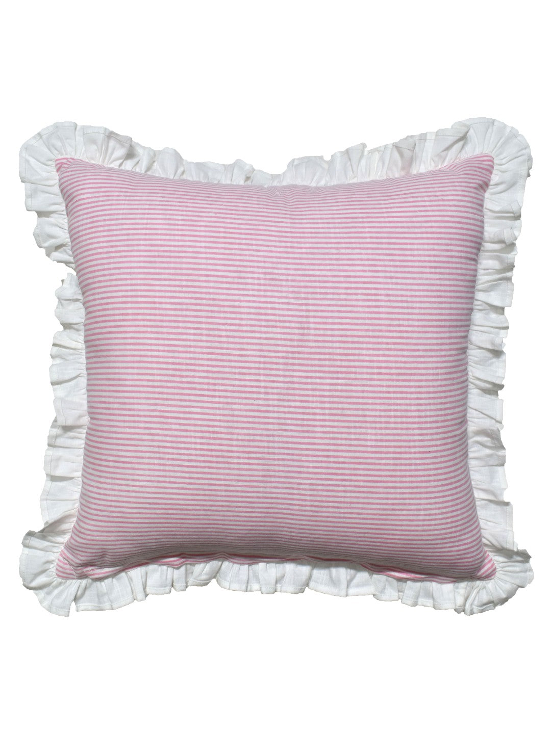 Pink Floral Cotton Pillow Cover with Ruffled Border – Striped Printed Cushion Cover