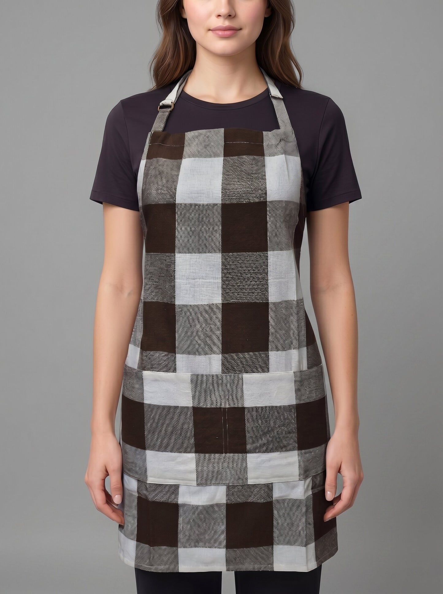 Premium Cotton Buffalo Check Kitchen Apron – Brown & Off White Plaid Adjustable Neck Strap & Front Pocket
