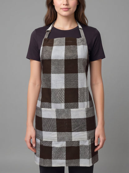 Premium Cotton Buffalo Check Kitchen Apron – Brown & Off White Plaid Adjustable Neck Strap & Front Pocket
