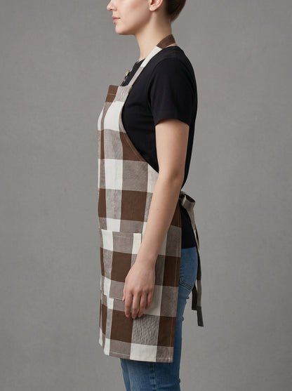 Premium Cotton Buffalo Check Kitchen Apron – Brown & Off White Plaid Adjustable Neck Strap & Front Pocket