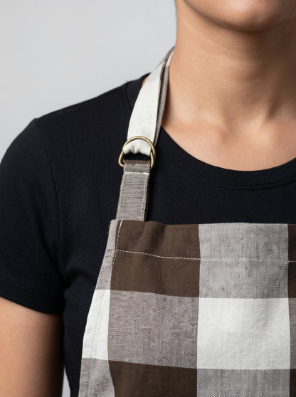 Premium Cotton Buffalo Check Kitchen Apron – Brown & Off White Plaid Adjustable Neck Strap & Front Pocket