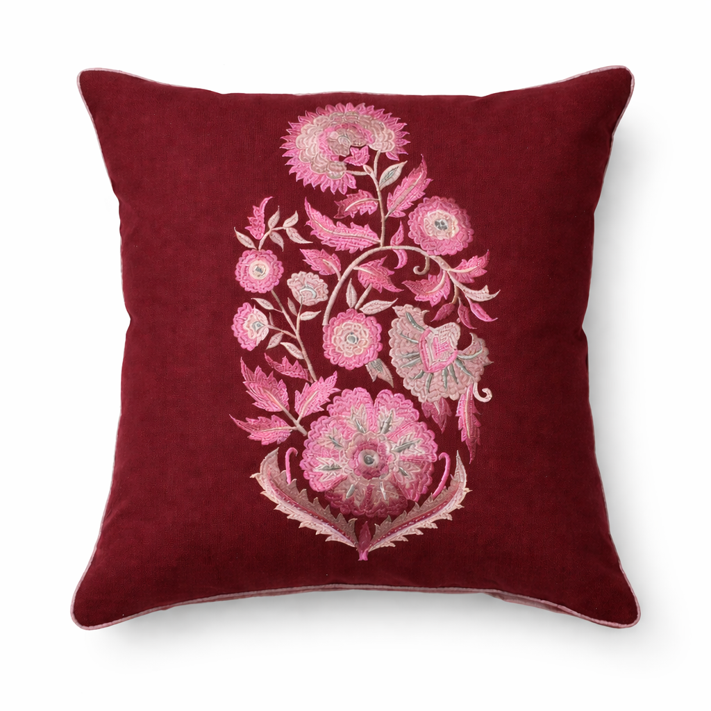 Zensha Decor Burgundy Embroidered Cushion Cover with Filler Insert
