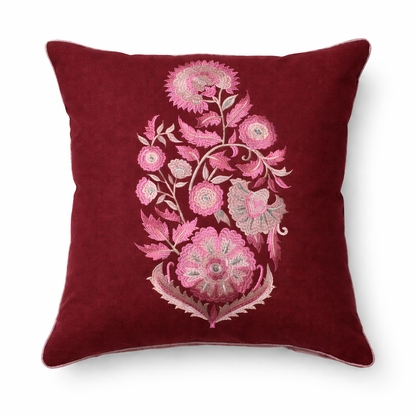 Zensha Decor Burgundy Embroidered Cushion Cover with Filler Insert