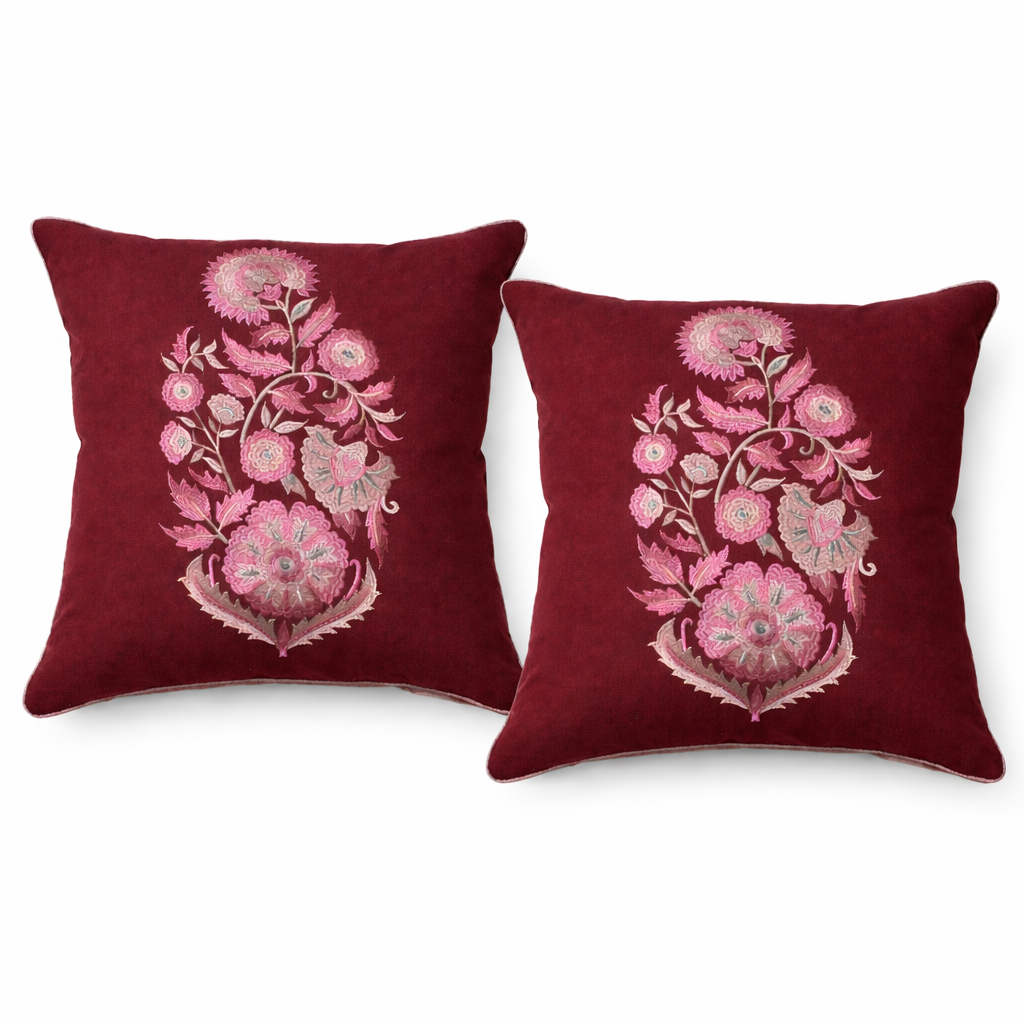Zensha Decor Burgundy Embroidered Cushion Cover with Filler Insert