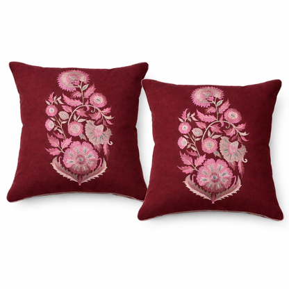 Zensha Decor Burgundy Embroidered Cushion Cover with Filler Insert