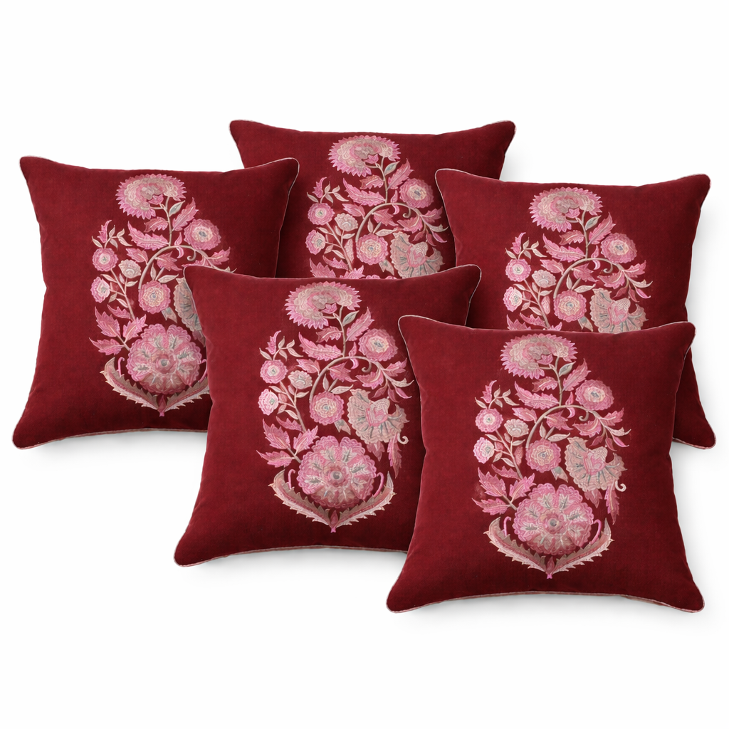 Zensha Decor Burgundy Embroidered Cushion Cover with Filler Insert