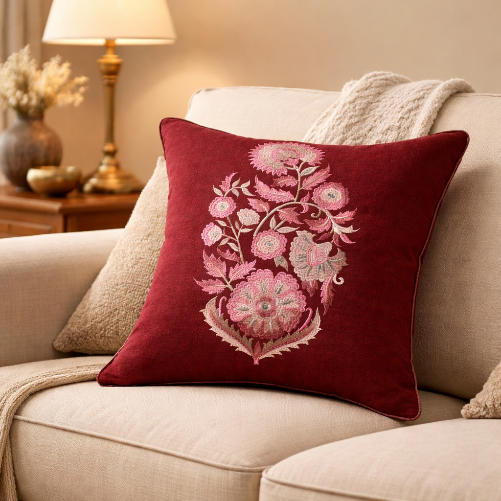 Zensha Decor Burgundy Embroidered Cushion Cover with Filler Insert