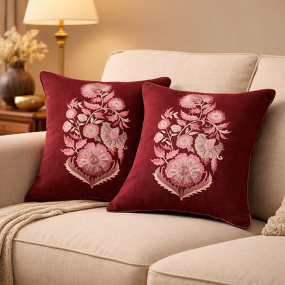 Zensha Decor Burgundy Embroidered Cushion Cover with Filler Insert