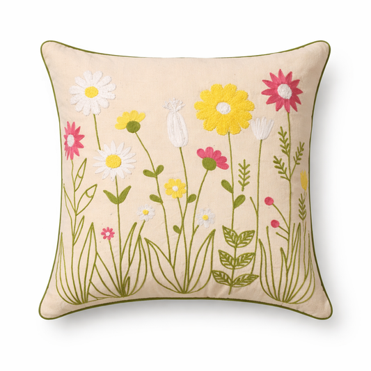 Hand Embroidered Floral Cotton Cushion Cover with Insert – Decorative Throw Pillow for Sofa & Bed