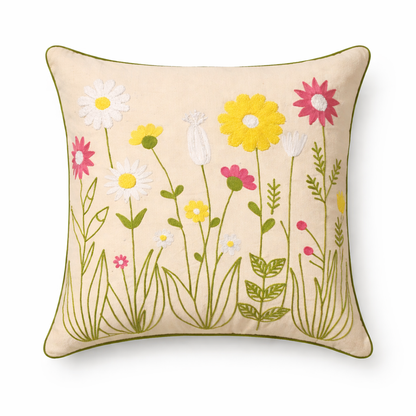Hand Embroidered Floral Cotton Cushion Cover with Insert – Decorative Throw Pillow for Sofa & Bed