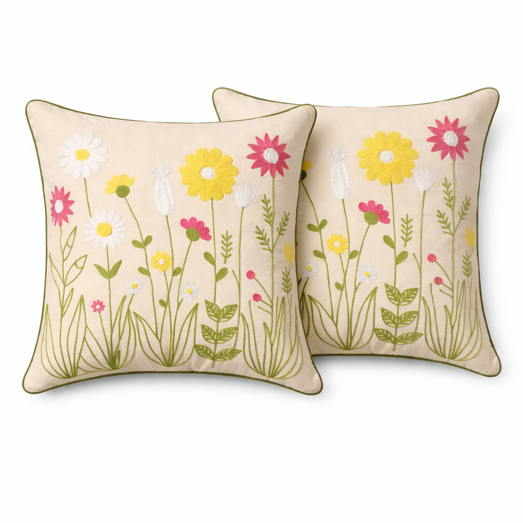 Hand Embroidered Floral Cotton Cushion Cover with Insert – Decorative Throw Pillow for Sofa & Bed