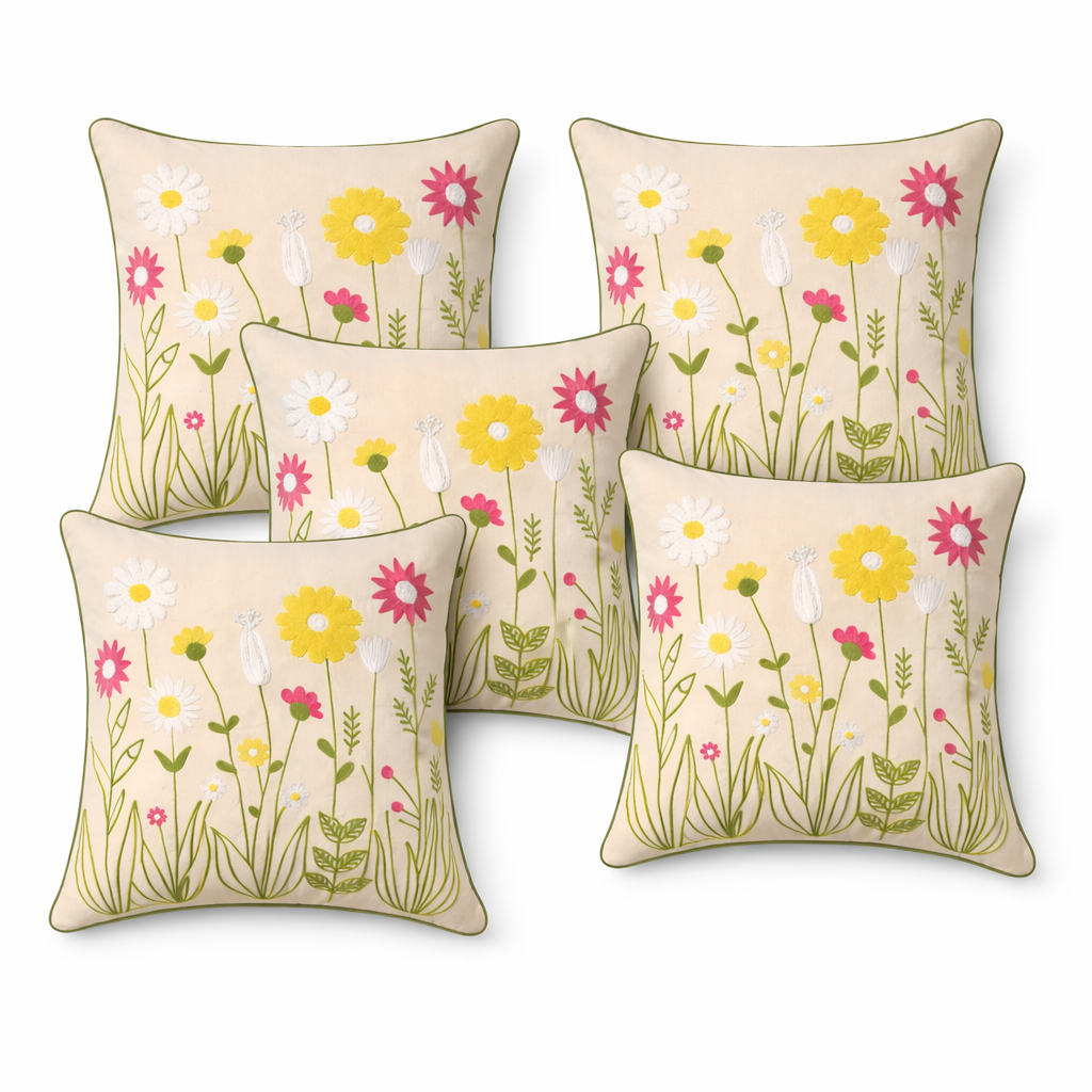 Hand Embroidered Floral Cotton Cushion Cover with Insert – Decorative Throw Pillow for Sofa & Bed