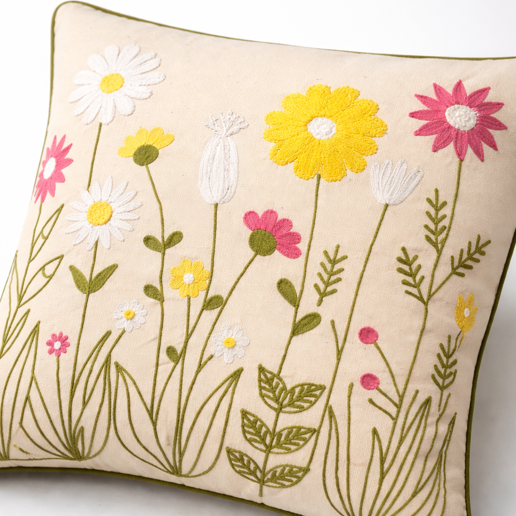 Hand Embroidered Floral Cotton Cushion Cover with Insert – Decorative Throw Pillow for Sofa & Bed