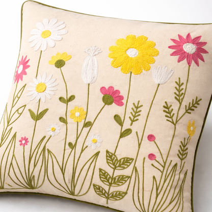 Hand Embroidered Floral Cotton Cushion Cover with Insert – Decorative Throw Pillow for Sofa & Bed
