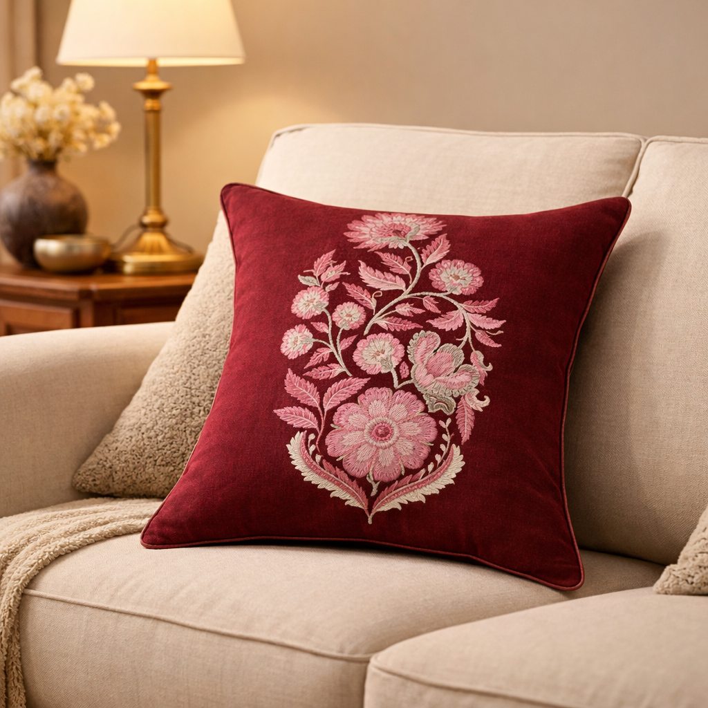 Zensha Decor Burgundy Embroidered Cushion Cover with Filler Insert