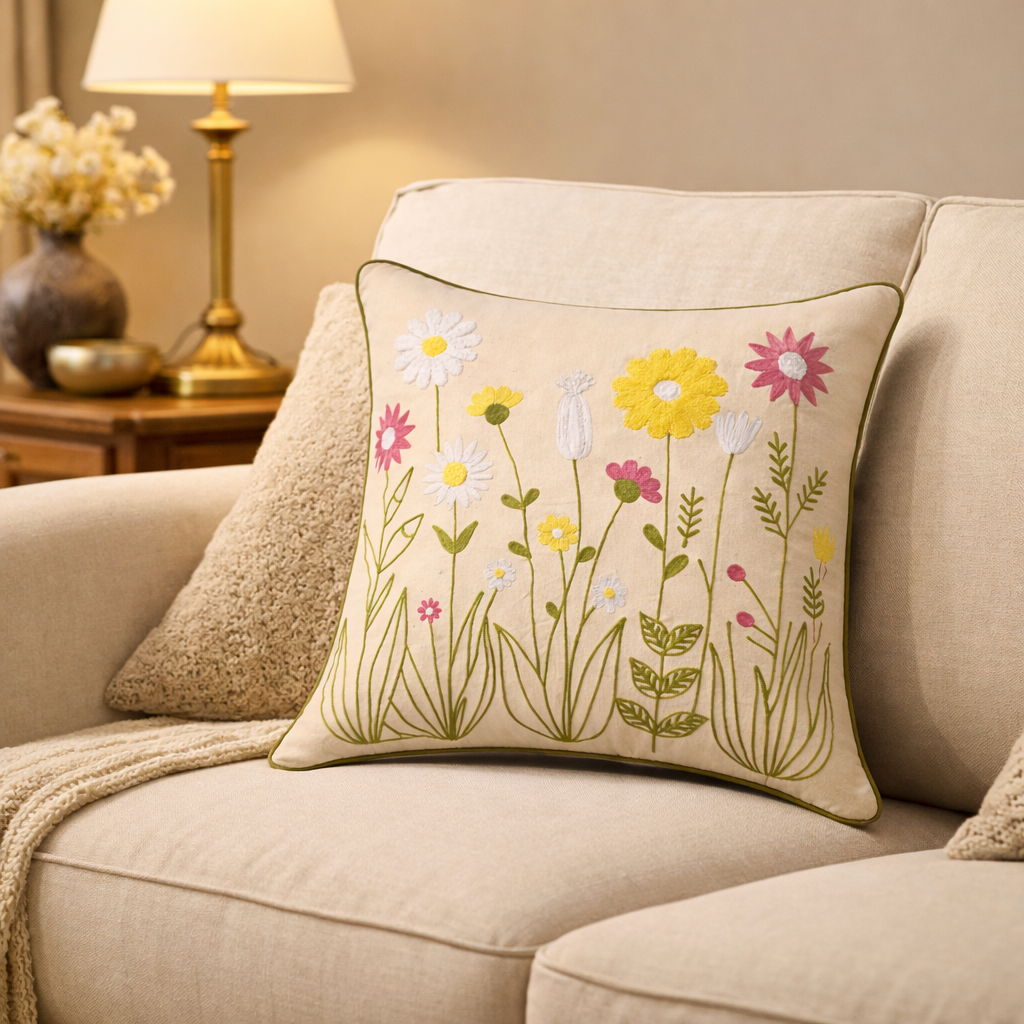 Hand Embroidered Floral Cotton Cushion Cover with Insert – Decorative Throw Pillow for Sofa & Bed