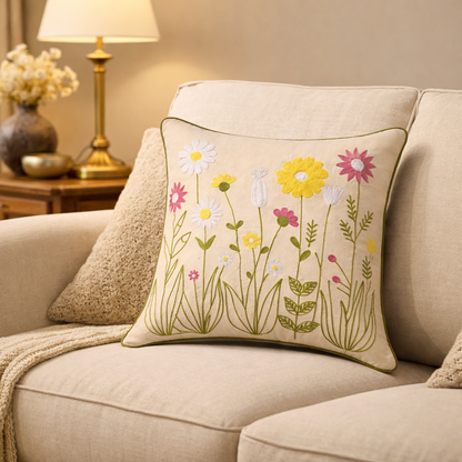 Hand Embroidered Floral Cotton Cushion Cover with Insert – Decorative Throw Pillow for Sofa & Bed
