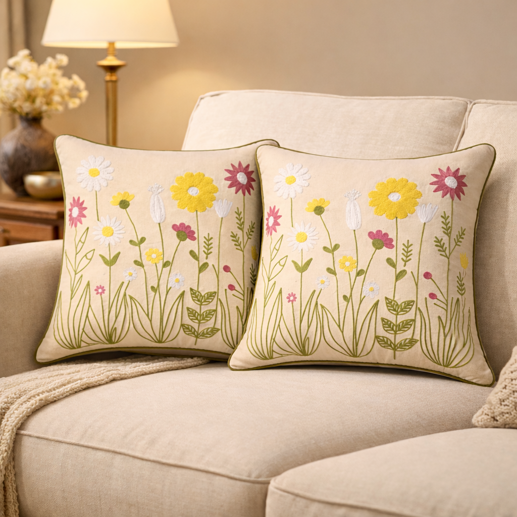 Hand Embroidered Floral Cotton Cushion Cover with Insert – Decorative Throw Pillow for Sofa & Bed