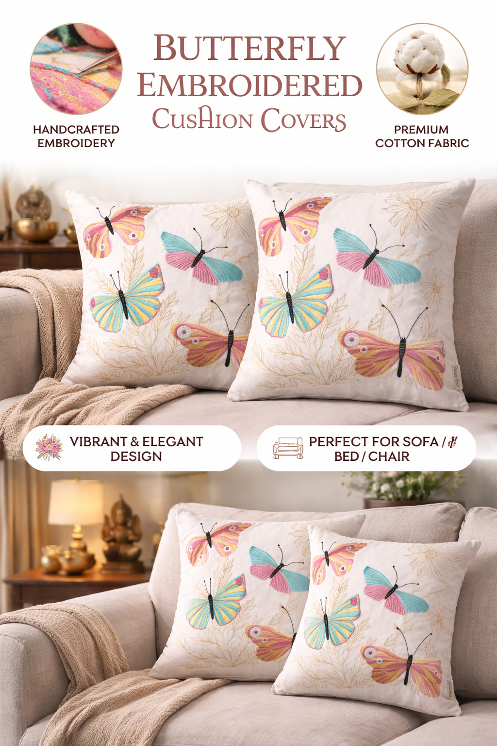 Embroidered Butterfly Poly Velvet Cushion with Polyester Filler Insert