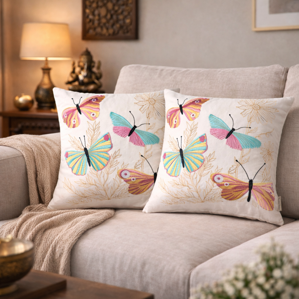 Embroidered Butterfly Poly Velvet Cushion with Polyester Filler Insert