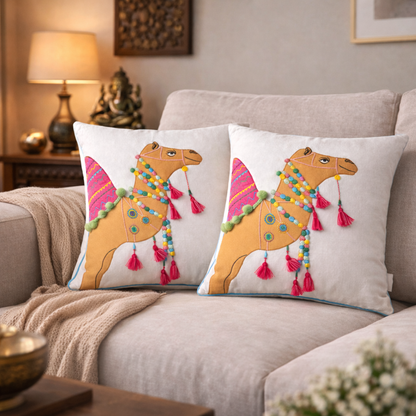 Velvet Cushion Cover with Insert – Decorative Camel Throw Pillow for Sofa, Bed, Living Room & Boho Home Décor (Pack of 1, 2 & 5)