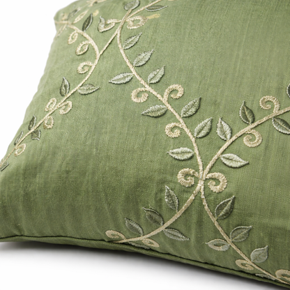 Premium Green Embroidered Cushion Cover with Filler | Elegant Floral Vine Thread Work Decorative Throw Pillow Cover