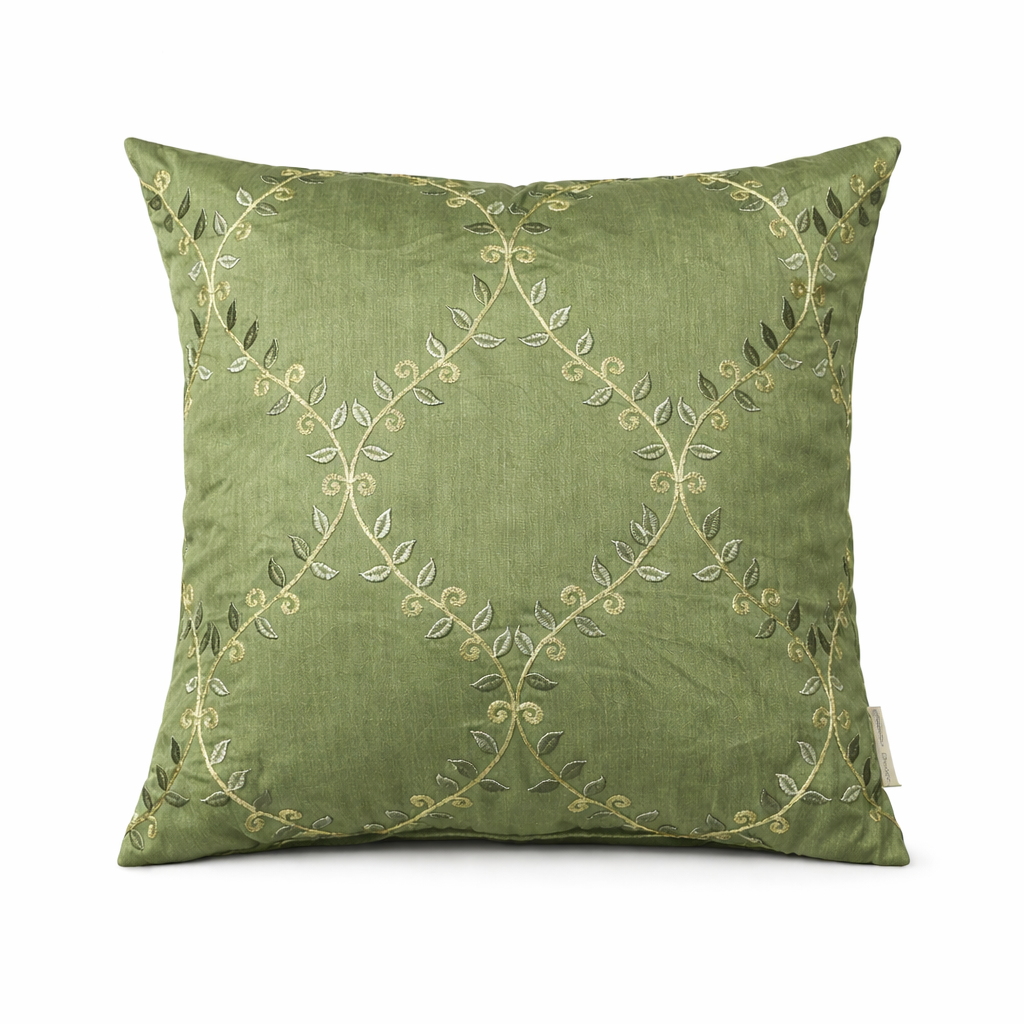 Premium Green Embroidered Cushion Cover with Filler | Elegant Floral Vine Thread Work Decorative Throw Pillow Cover