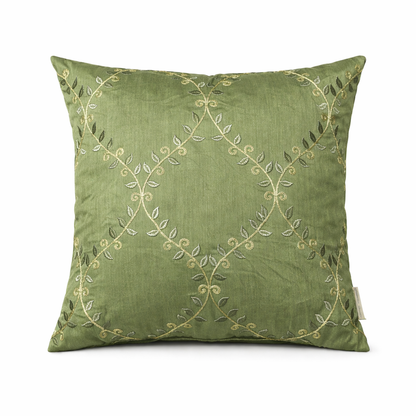 Premium Green Embroidered Cushion Cover with Filler | Elegant Floral Vine Thread Work Decorative Throw Pillow Cover