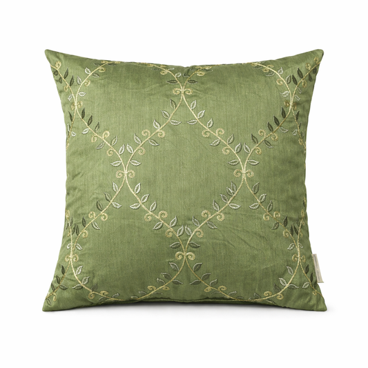 Premium Green Embroidered Cushion Cover with Filler | Elegant Floral Vine Thread Work Decorative Throw Pillow Cover