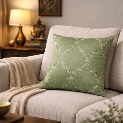 Premium Green Embroidered Cushion Cover with Filler | Elegant Floral Vine Thread Work Decorative Throw Pillow Cover