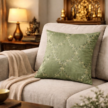 Premium Green Embroidered Cushion Cover with Filler | Elegant Floral Vine Thread Work Decorative Throw Pillow Cover